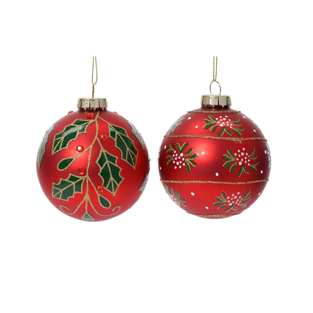 Decoris 8cm Red and Gold Holly Bauble (Choice of 2)