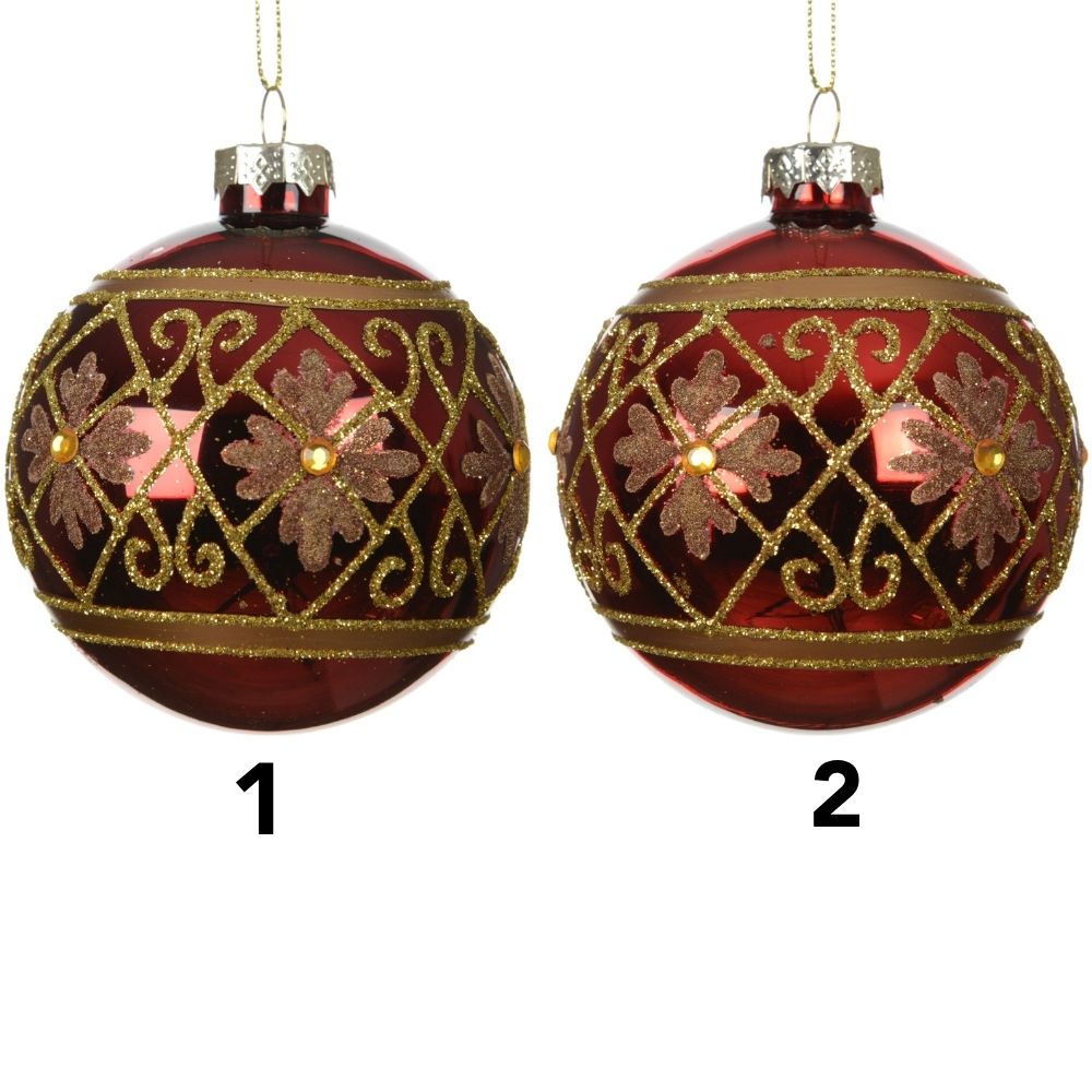 Decoris 8cm Shiny Glass Bauble with Glitter Diamonds & Flowers (Choice of 2)