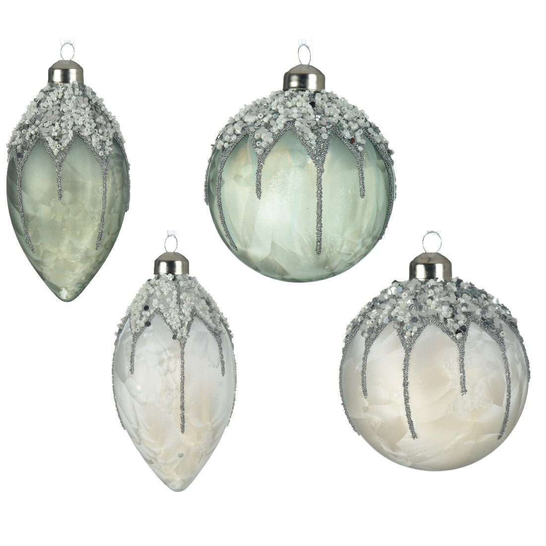 Decoris 8cm Silver Glitter Beaded Sequins Glass Bauble (Choice of 4)