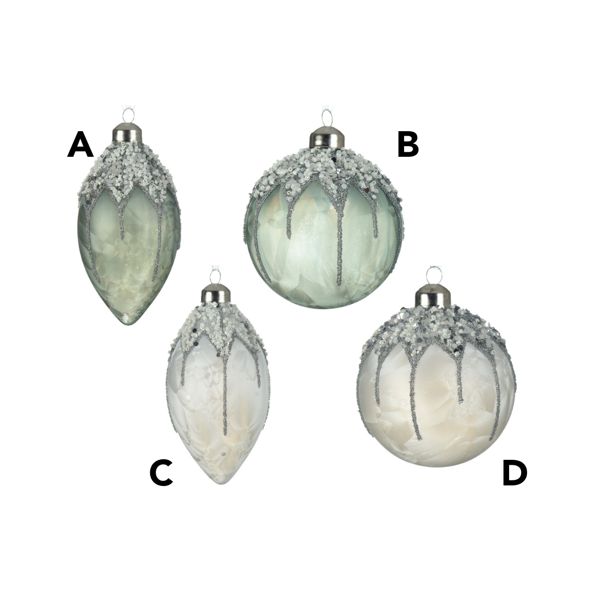 Decoris 8cm Silver Glitter Beaded Sequins Glass Bauble (Choice of 4)