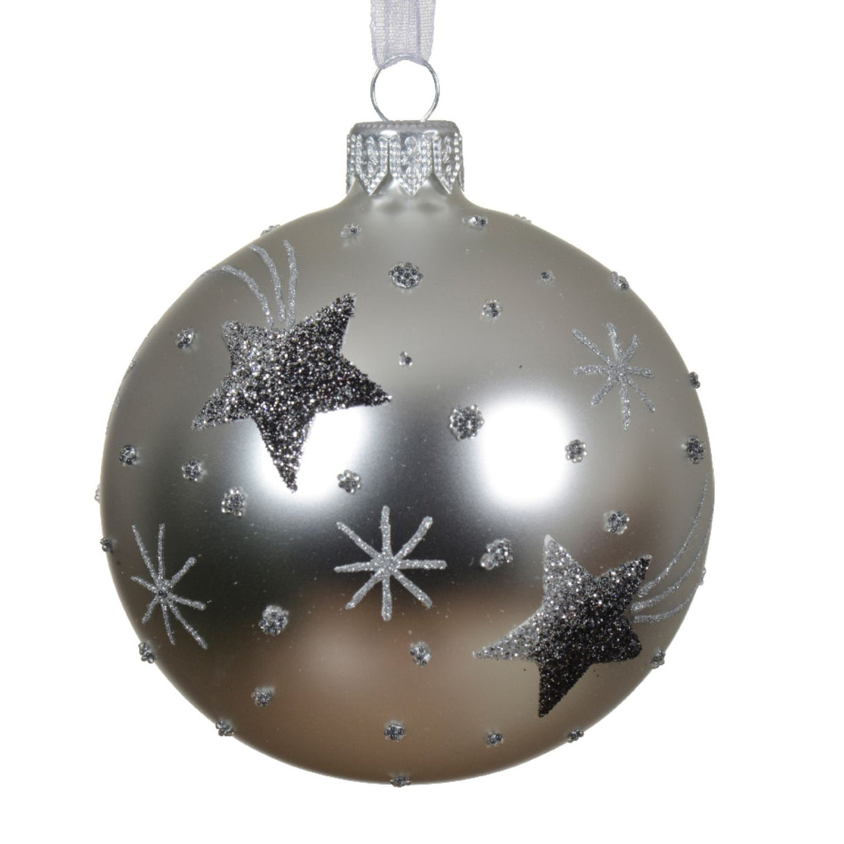 Decoris 8cm Silver Glitter Stars Glass Bauble