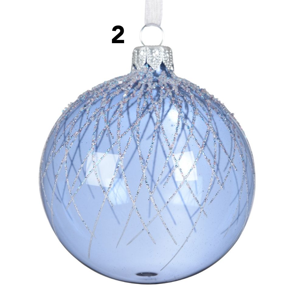 Decoris 8cm Transparent Blue Bauble with White Glitter (Choice of 2)