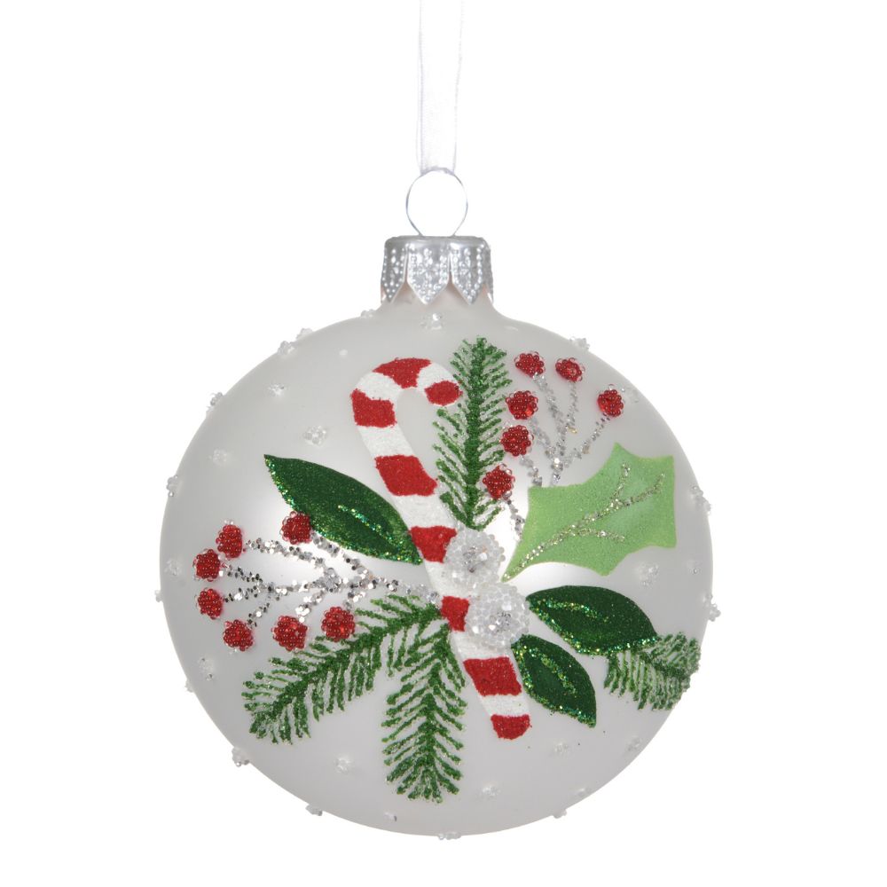 Decoris 8cm White Matte Glass Candycane & Holly Bauble