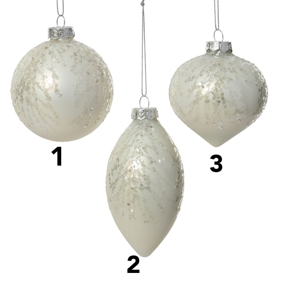 Decoris 8cm Wool White Glass Matte Bauble with Silver Spangles (Choice of 3)