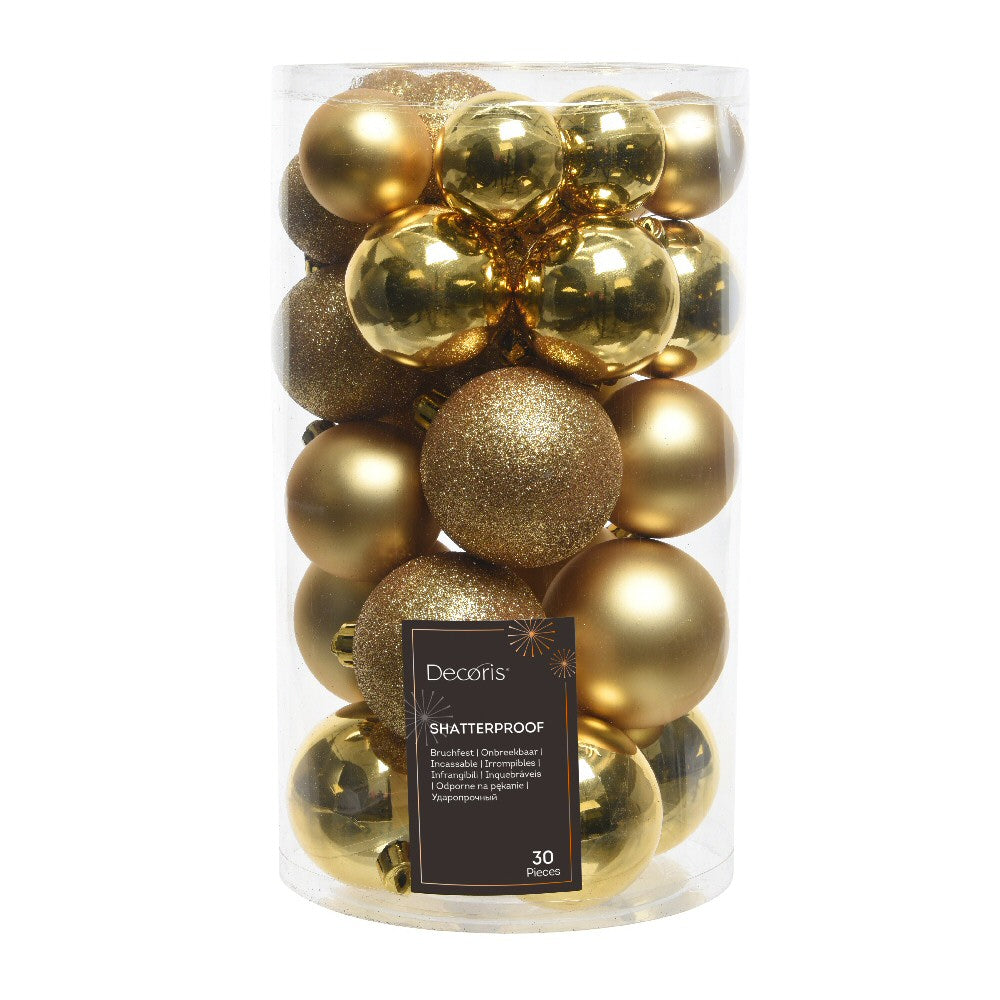 Decoris Assorted Size Light Gold Shatterproof Baubles (Set of 30)