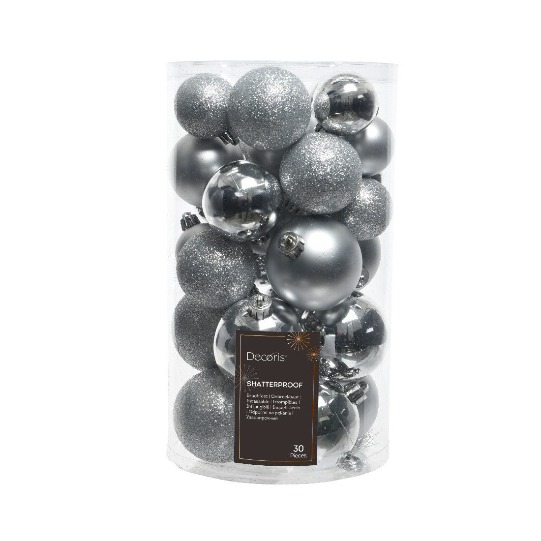 Decoris Assorted Size Silver Shatterproof Baubles (Set of 30)