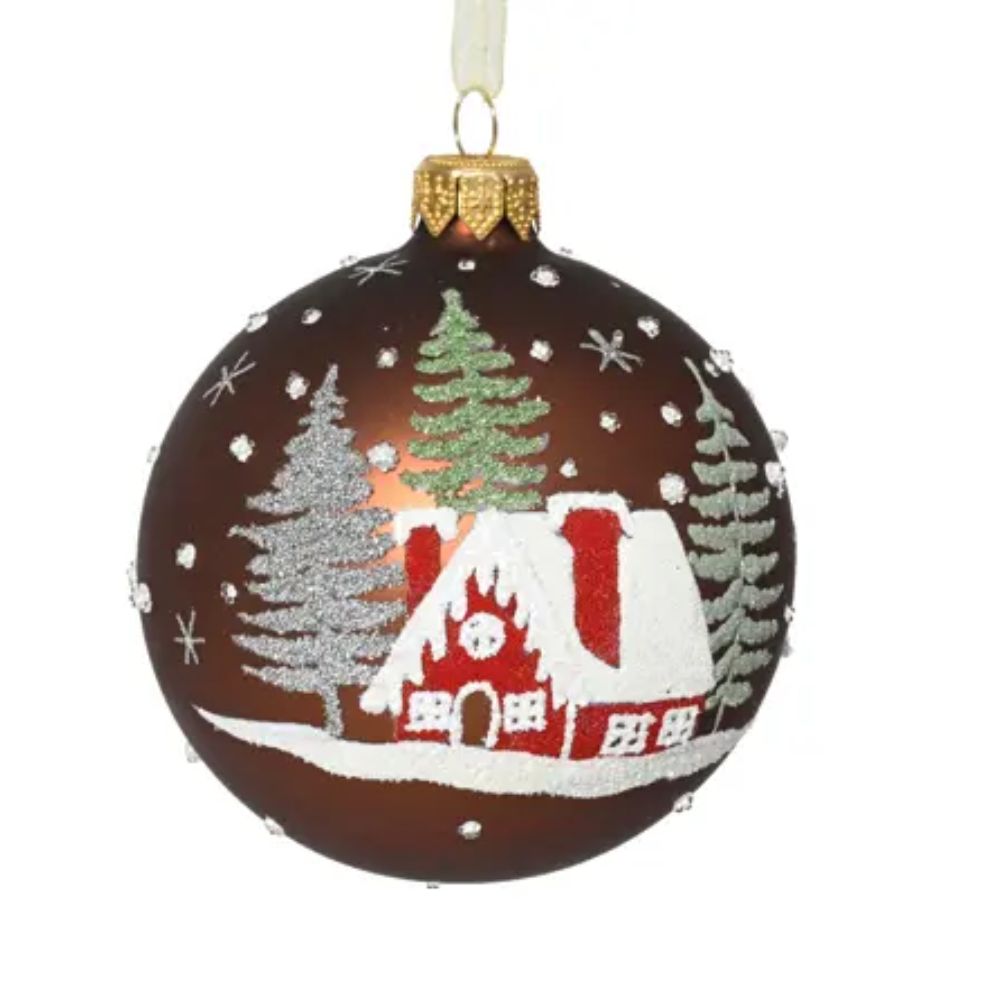Decoris Brown Matte Glass Bauble With House and Trees