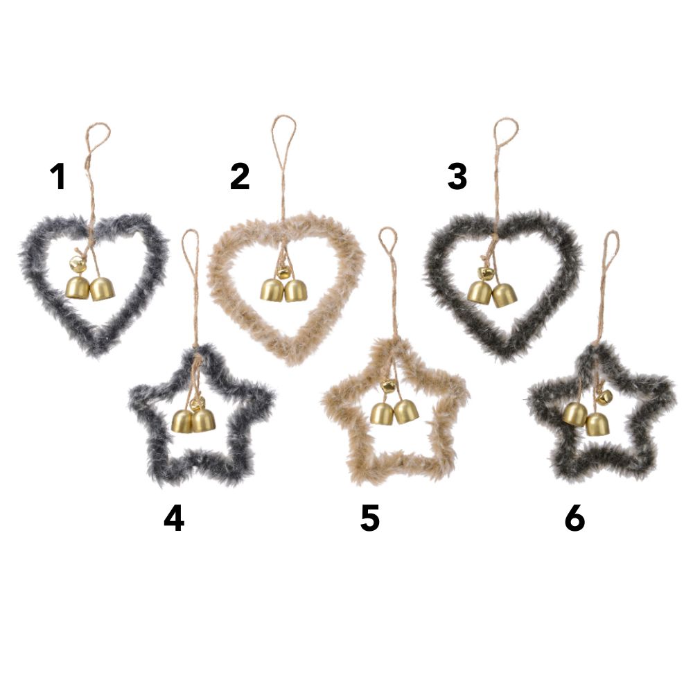 Decoris Faux Fur Heart or Star with Iron Bells - (Choice of 6)