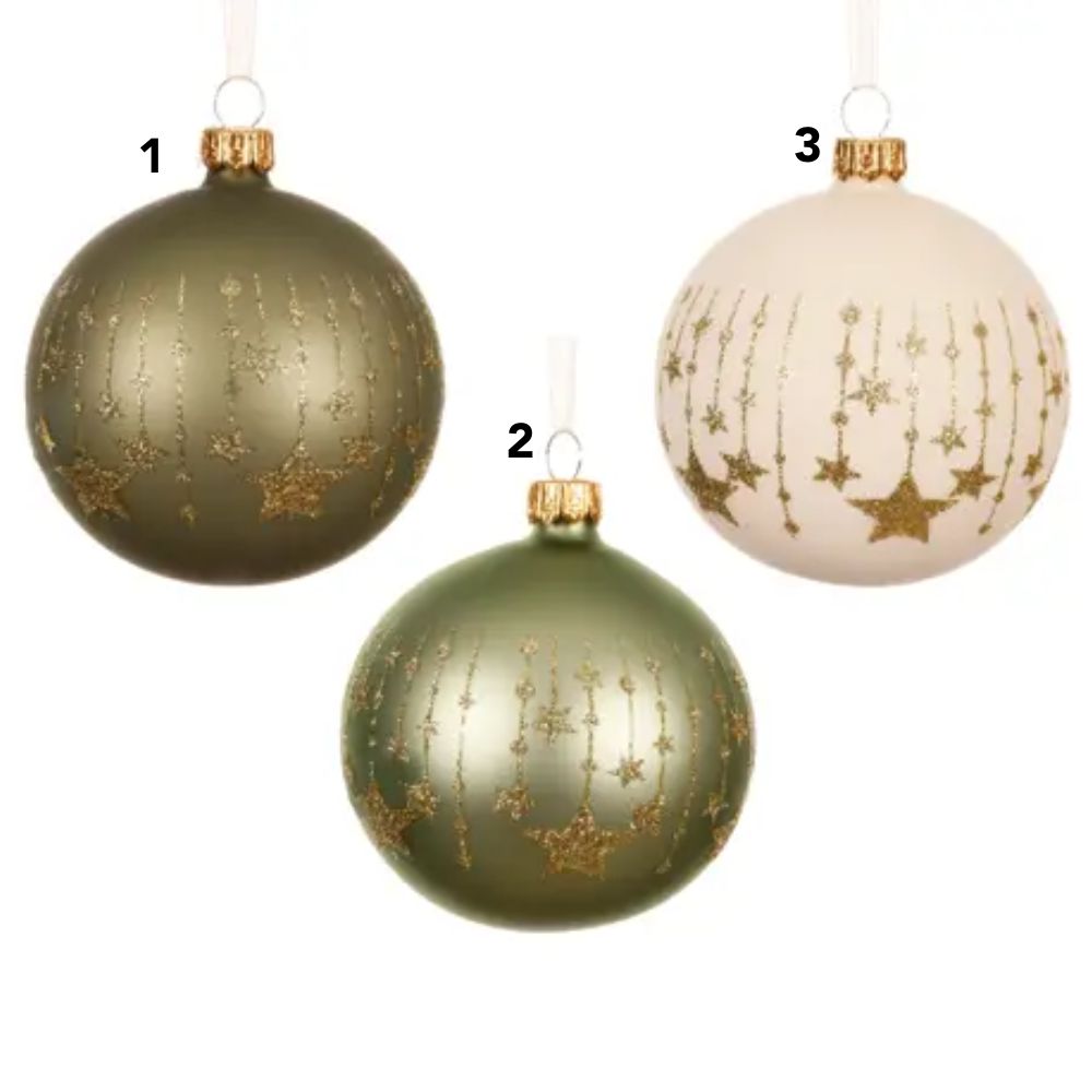 Decoris Green/Cream Matte Glass Bauble with Gold Glitter Star Drop Border (Choice of 3)