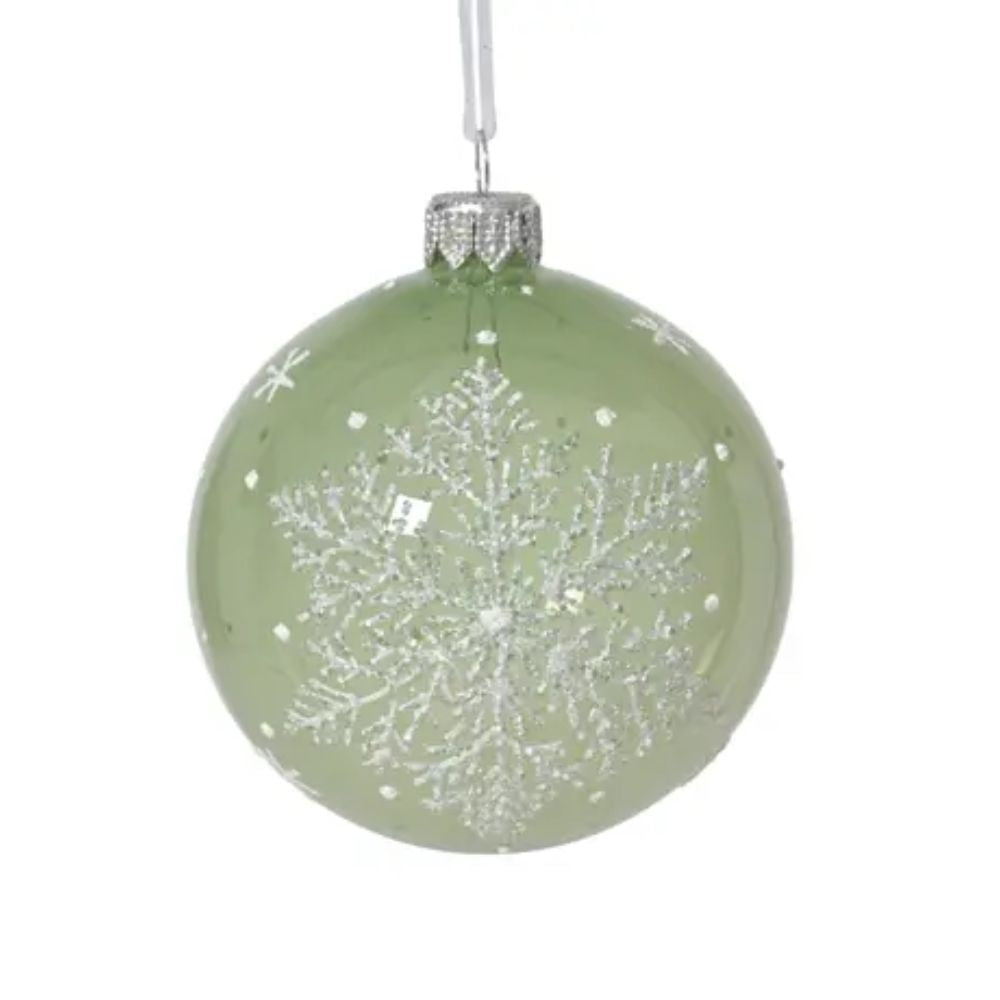 Decoris Green Transparent Enamel Glass Bauble with Snowflake