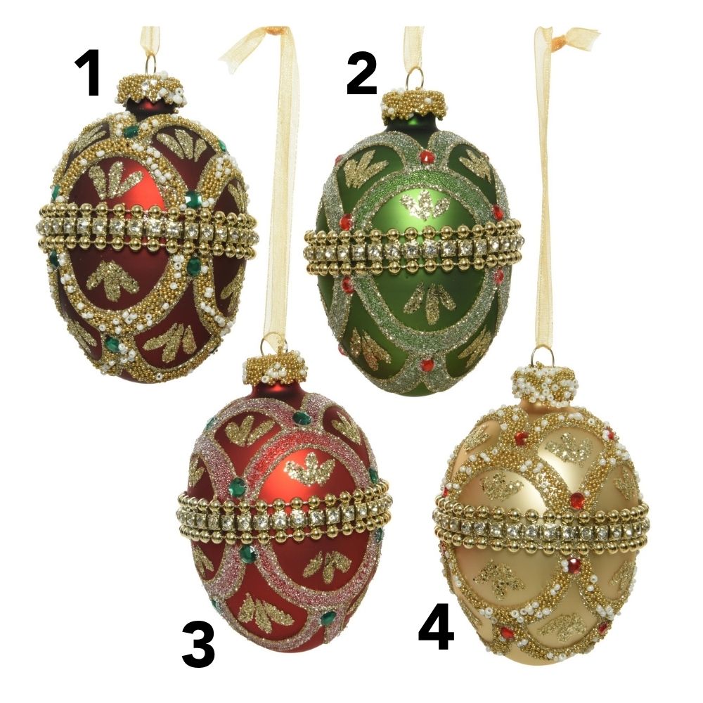 Decoris Matte Glass Egg Bauble with Glitter & Gems (Choice of 4)