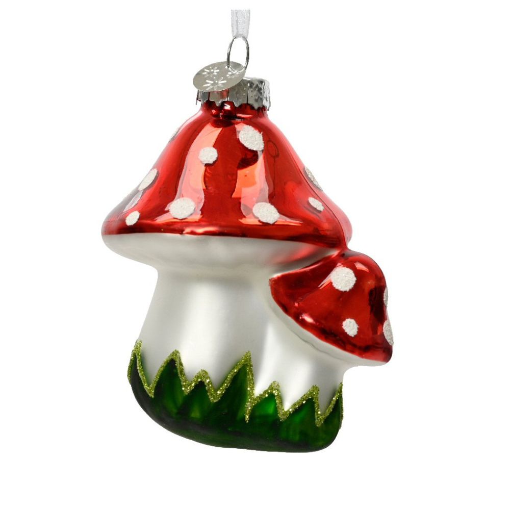 Decoris  7.5cm Mushroom Glass Hanging Decoration - Red