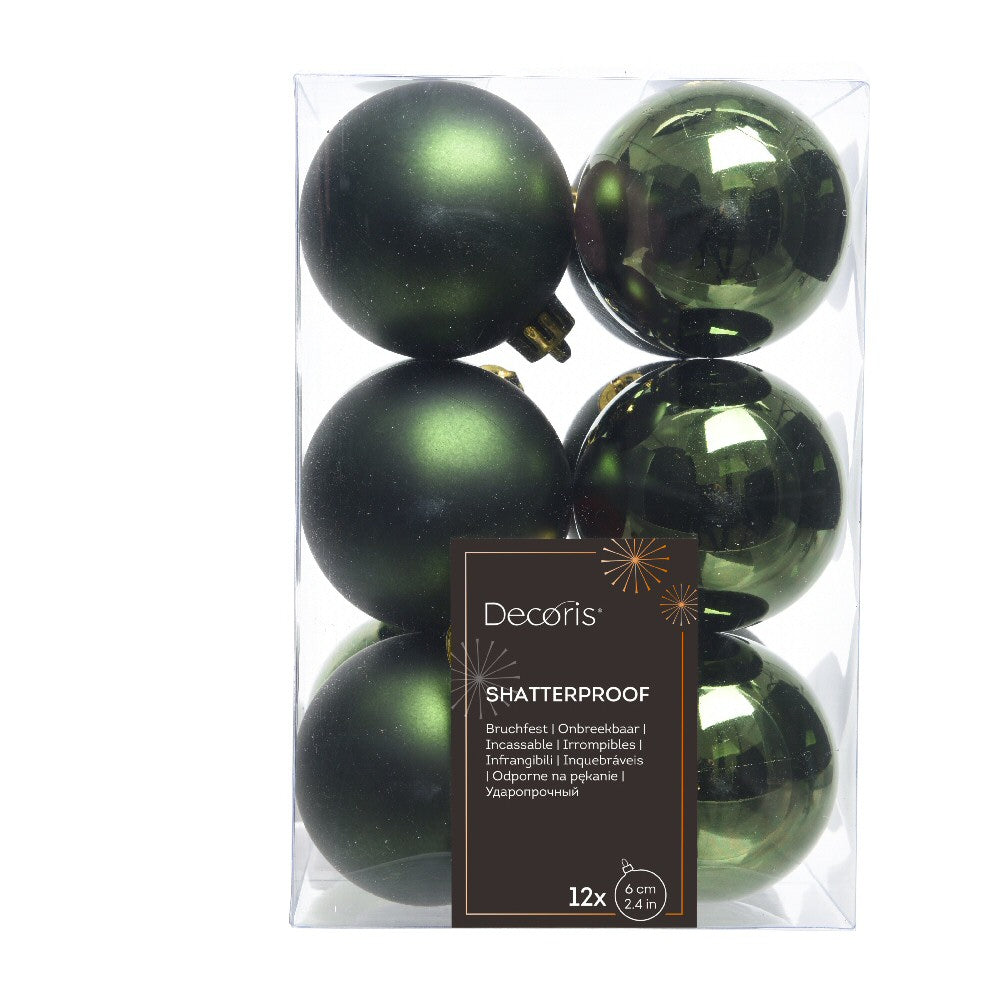 Decoris Pack of 12 6cm Pine Green Shatterproof Baubles