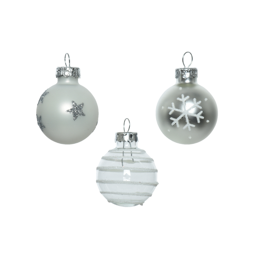 Decoris Pack of 9 3cm Silver Mix Glass Baubles