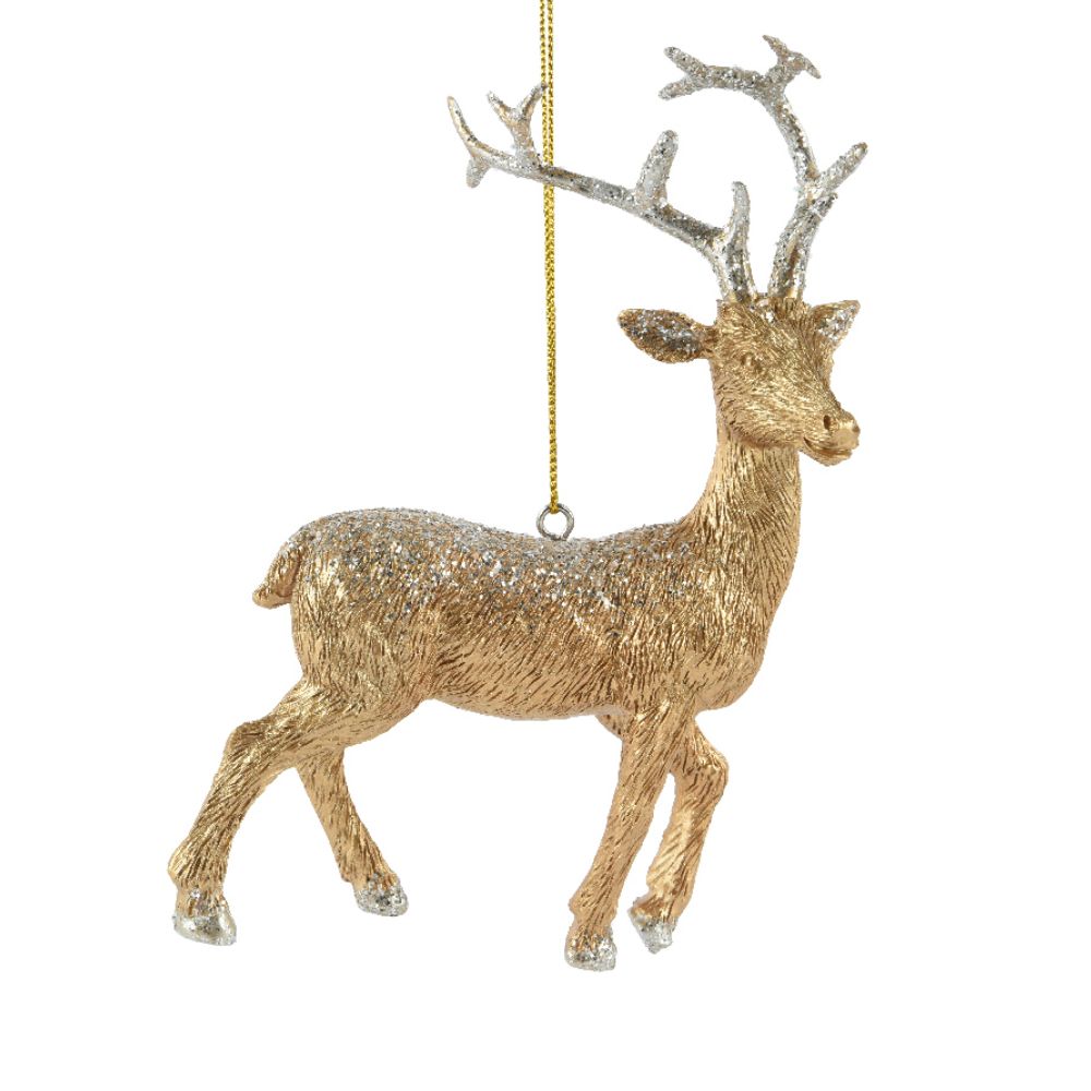 Decoris 14cm Resin Glitter Reindeer Hanging Decoration - Gold