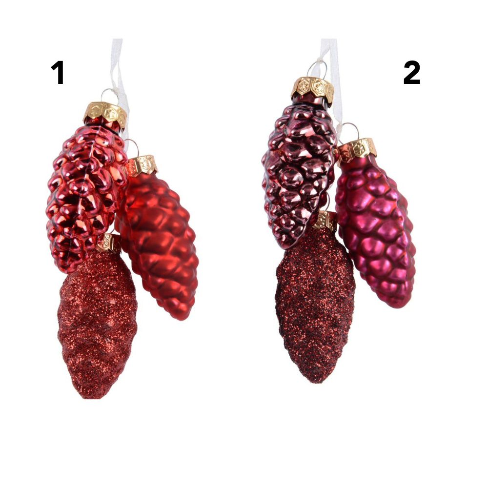 Decoris 6cm Shiny Glass Christmas Pinecones - Red - (Choice of 2)