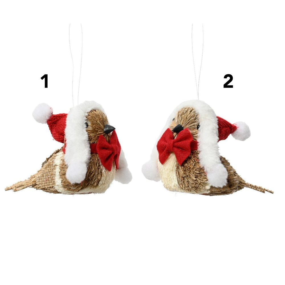 Decoris 12cm Straw Christmas Robins With Red Hats (Choice of 2)