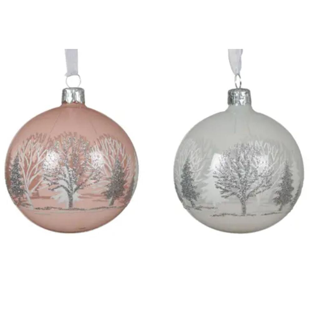 Decoris Transparent Enamael Glass Bauble With Tree Border (Choice of 2)