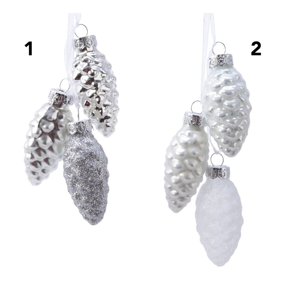 Decoris 6cm Shiny Glass Christmas Pinecones - White - (Choice of 2)
