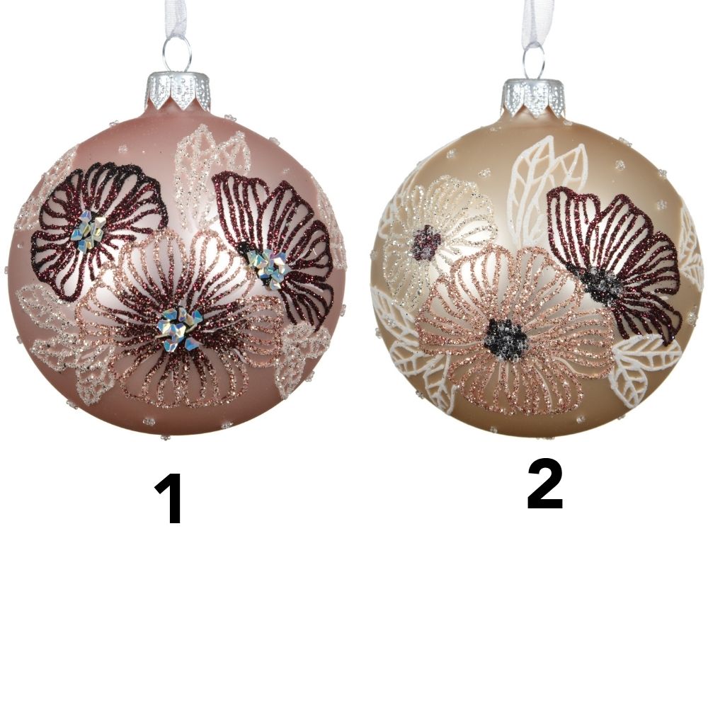 Decoris 8cm Matte Glass Bauble with Flowers (Choice of 2)