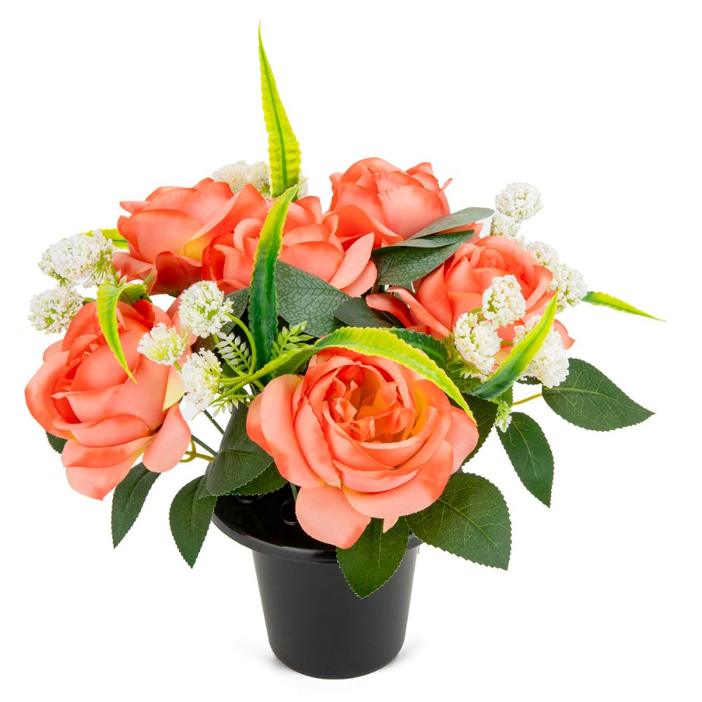 Eleganza Artificial Grave Pot Roses and Achillea- Coral