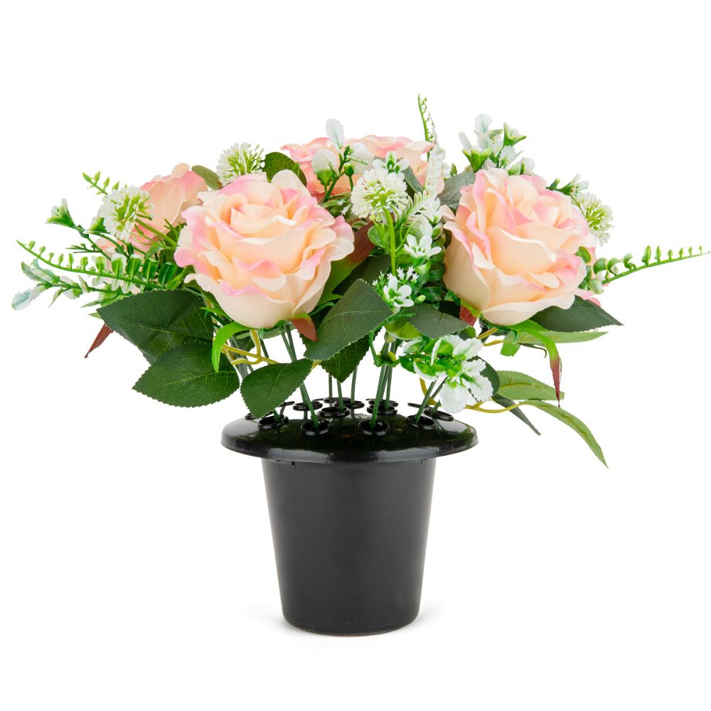 Eleganza Artificial Grave Pot Tea Roses and Mixed Foliage- Two Tone Pink