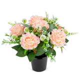 Eleganza Artificial Grave Pot Tea Roses and Mixed Foliage- Two Tone Pink