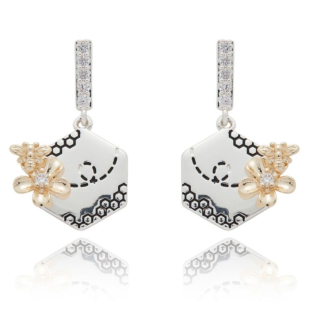 Equilibrium Honey Bee Honey Comb Two Tone Drop Earrings