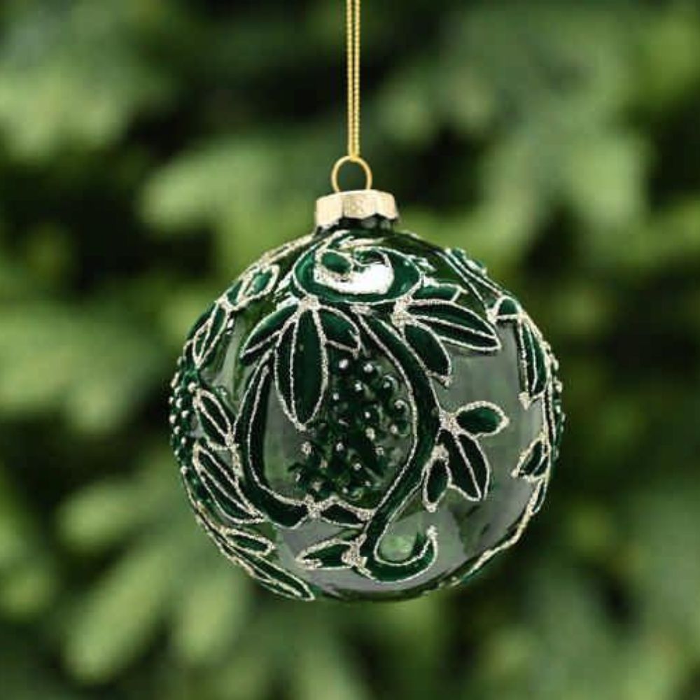 Festive 10cm Green Glass Bauble with Flocked Petals