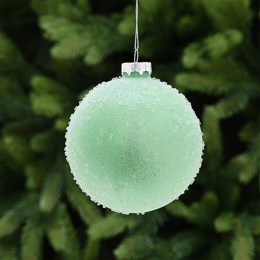 Festive 10cm Light Green Encrusted Glass Bauble