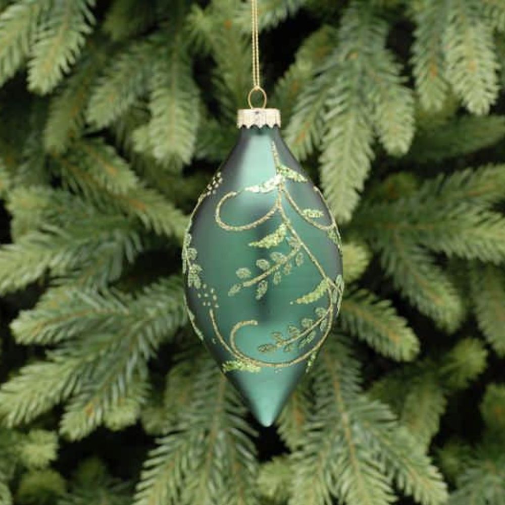 Festive 14cm Green Glitter Leaves Glass Olive Bauble