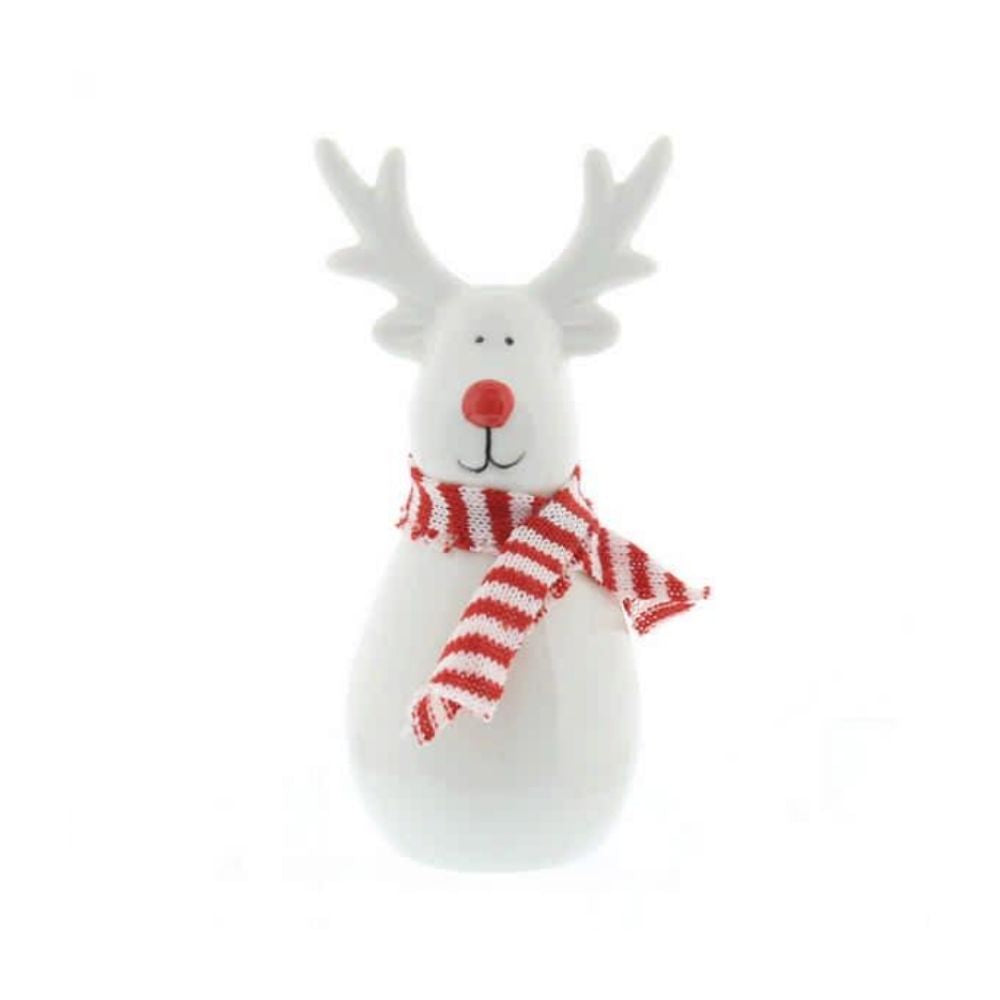 Festive 14cm Porcelain Sitting Reindeer with Scarf Ornament - White