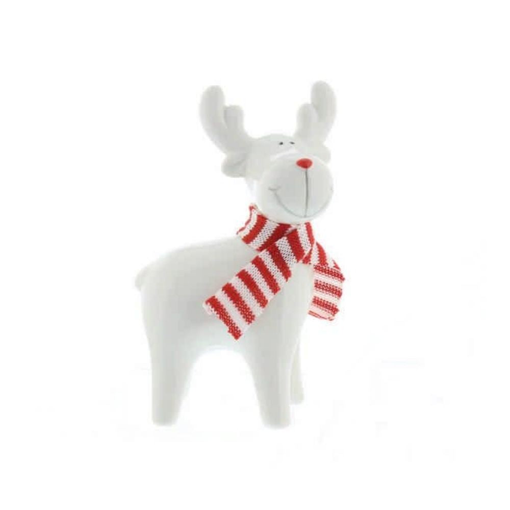 Festive 14cm Porcelain Standing Reindeer with Scarf Ornament - White