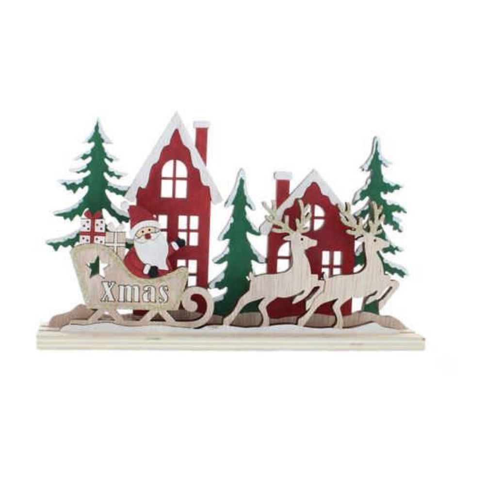 Festive 21cm Wooden Santa Sleigh & House Scene Ornament