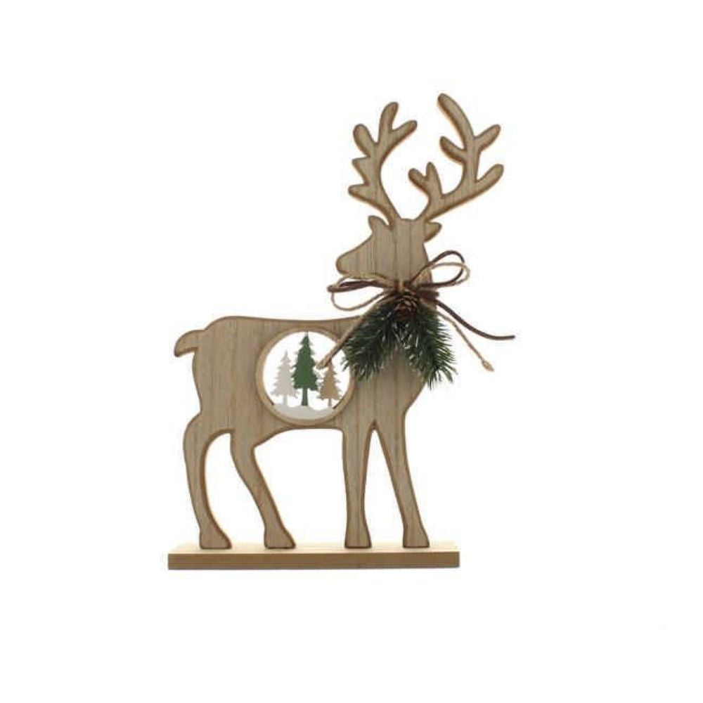 Festive 27cm Wooden Reindeer with Trees Ornament
