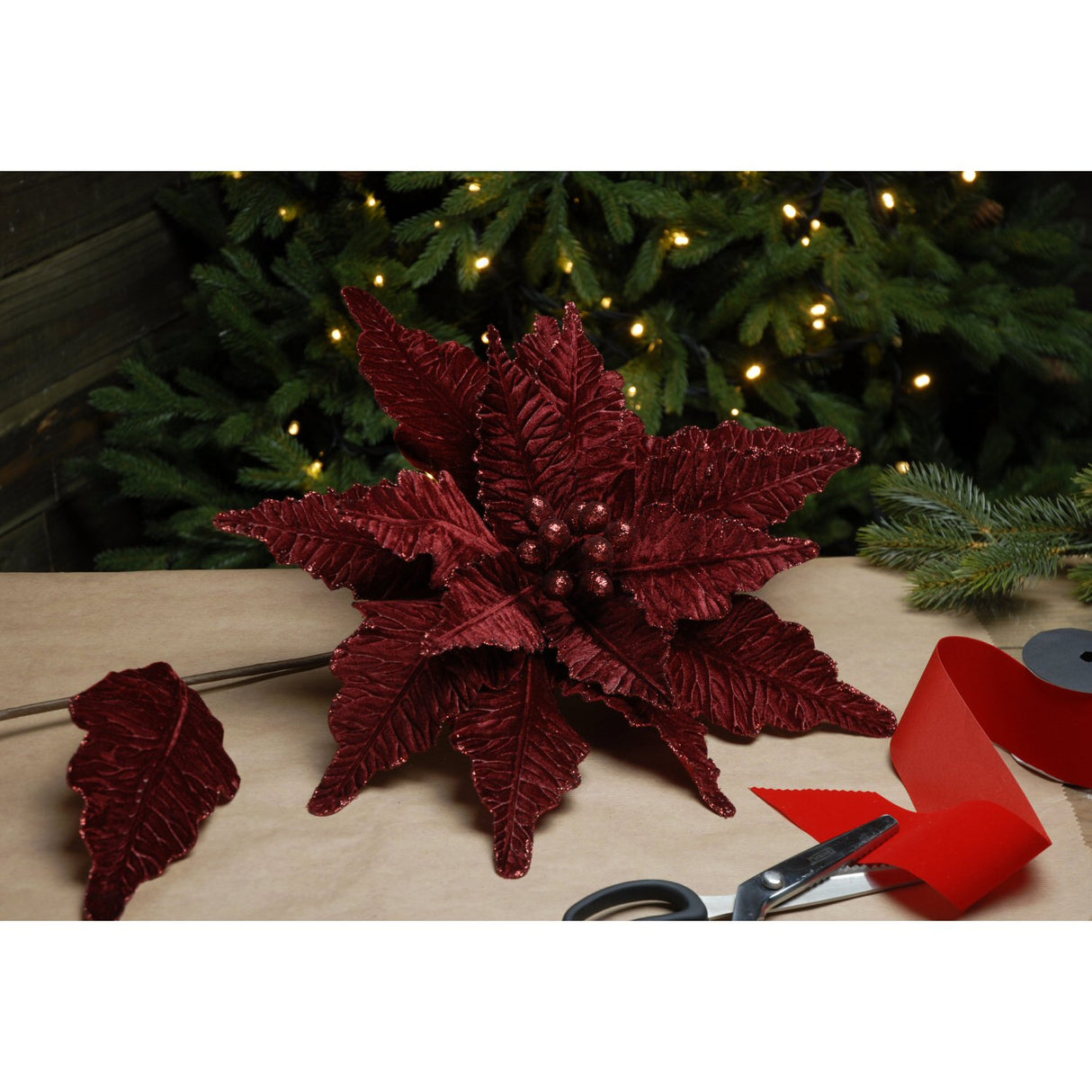 Festive 68cm Burgundy Velvet Poinsettia Stem
