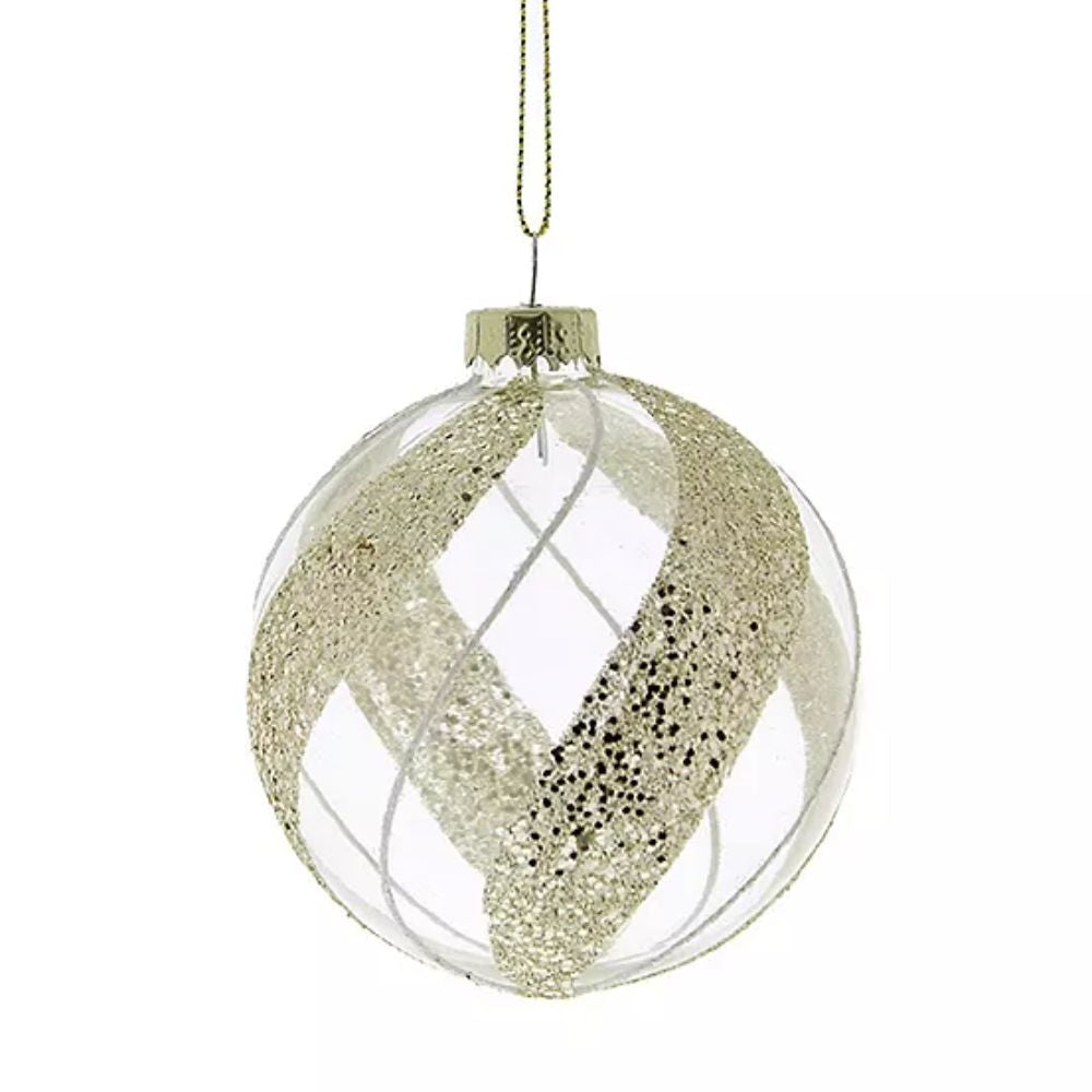 Festive 8cm Clear Glass Bauble With Gold Glitter/White Stripes