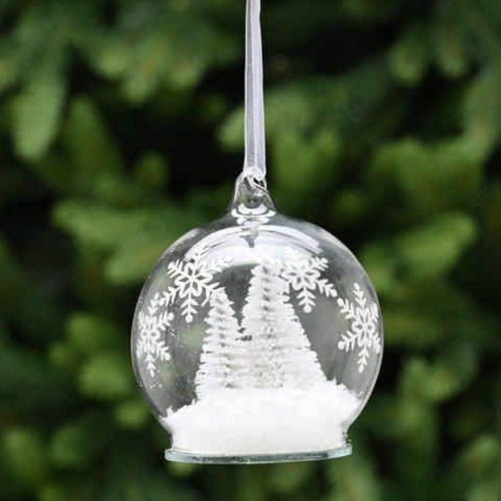 Festive 8cm Clear Glass Bauble with White Tree Inside