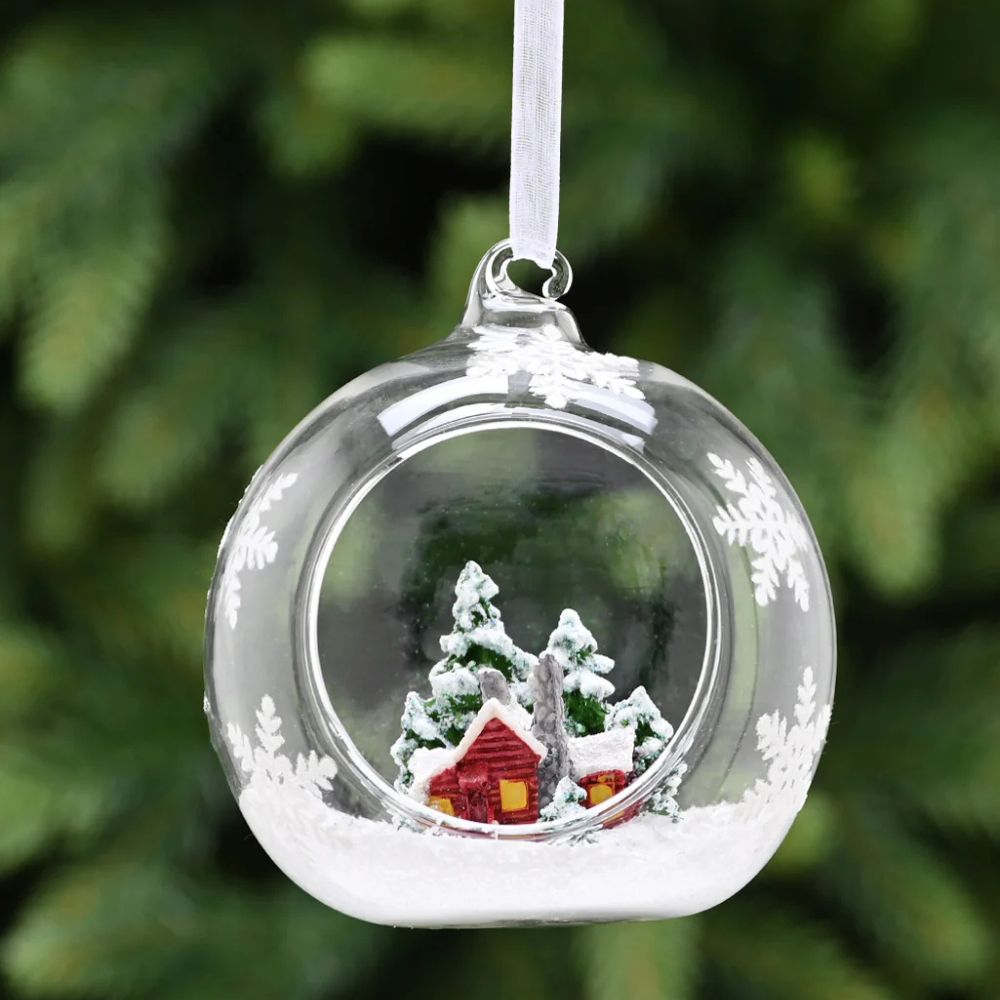Festive 8cm Clear Glass Open Front Bauble With House Inside