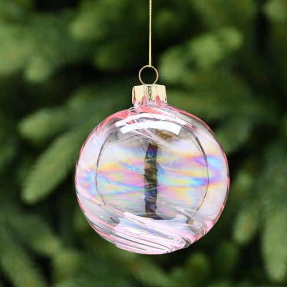 Festive 8cm Clear Pink Iridescent Stripe Glass Bauble