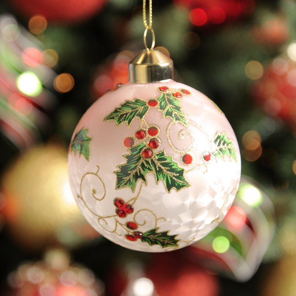 Festive 8cm Frosted White Holly Design Glass Bauble