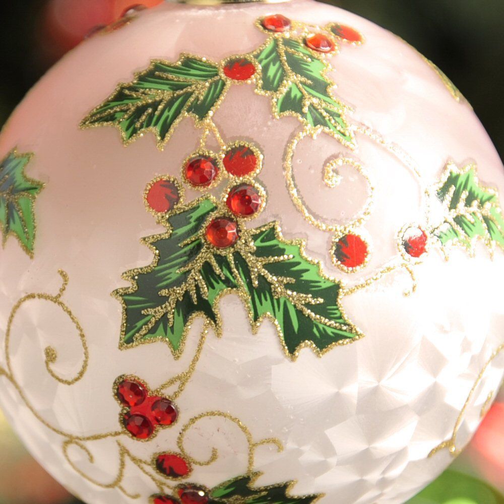 Festive 8cm Frosted White Holly Design Glass Bauble
