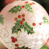 Festive 8cm Frosted White Holly Design Glass Bauble