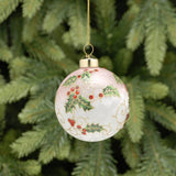 Festive 8cm Frosted White Holly Design Glass Bauble