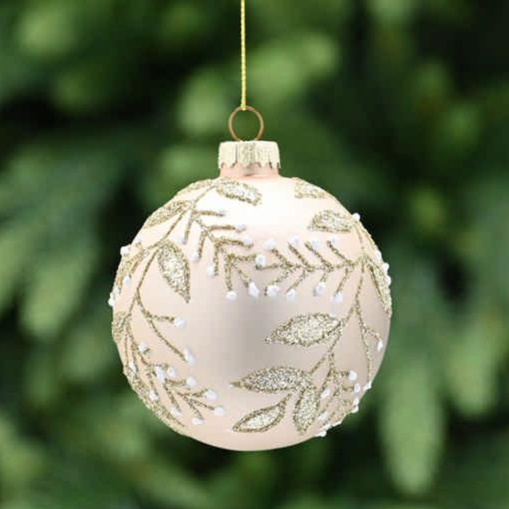 Festive 8cm Gold Glass Bauble with Glitter Leaves