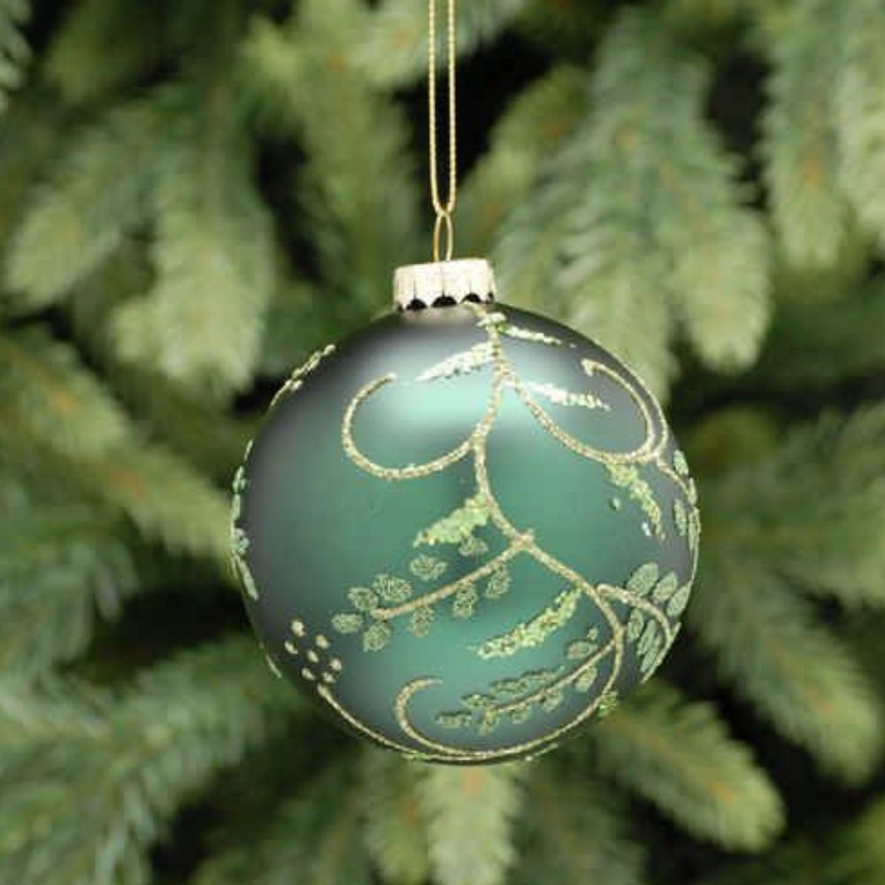 Festive 8cm Green Glitter Leaves Glass Bauble