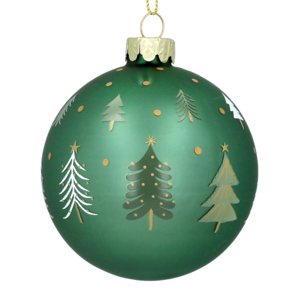 Gisela Graham 8cm Matte Green Glass Bauble with Trees