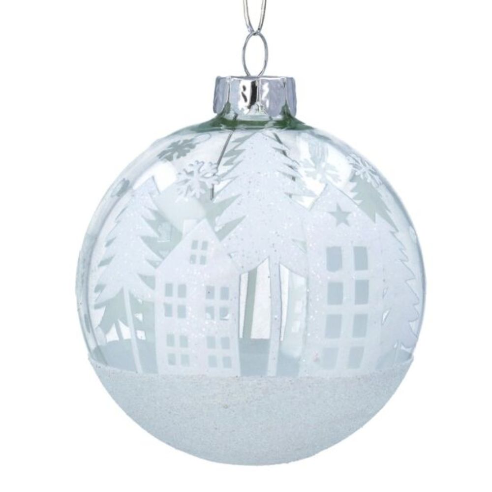Gisela Graham Clear & White Winter Village Scene Glass Bauble