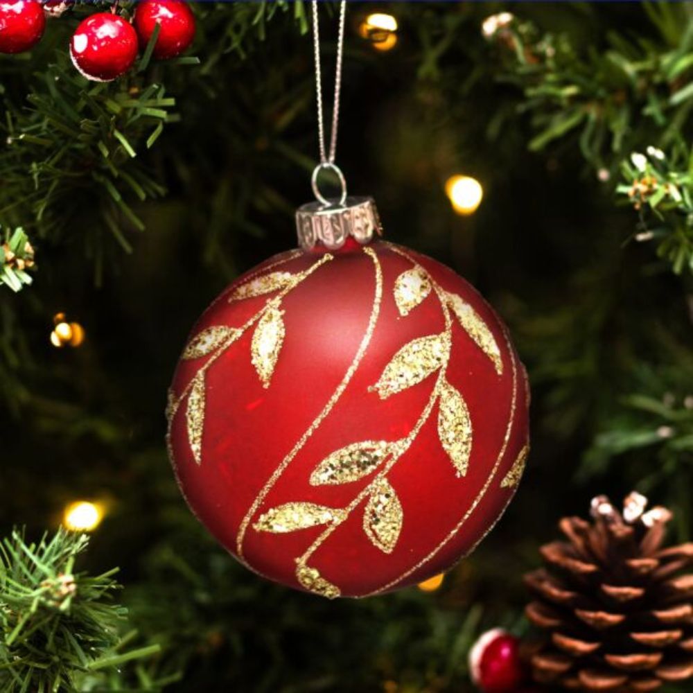 Gisela Graham Matte Red With Gold Sparkling Leaf Glass Bauble