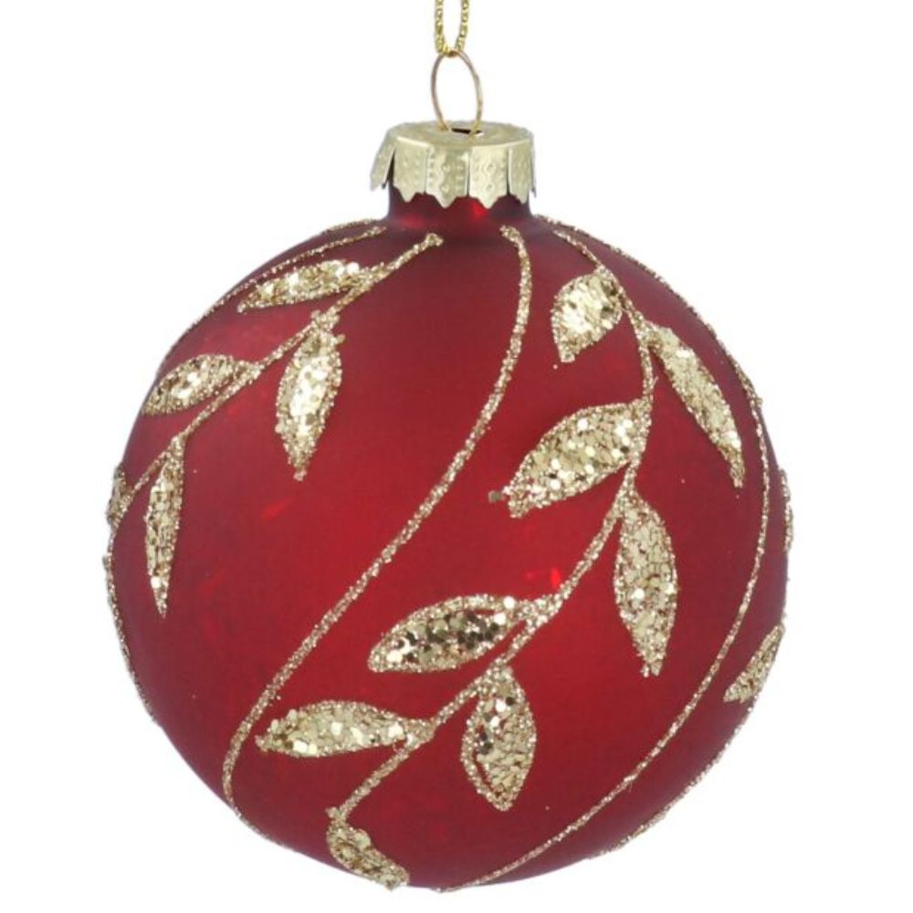 Gisela Graham Matte Red With Gold Sparkling Leaf Glass Bauble